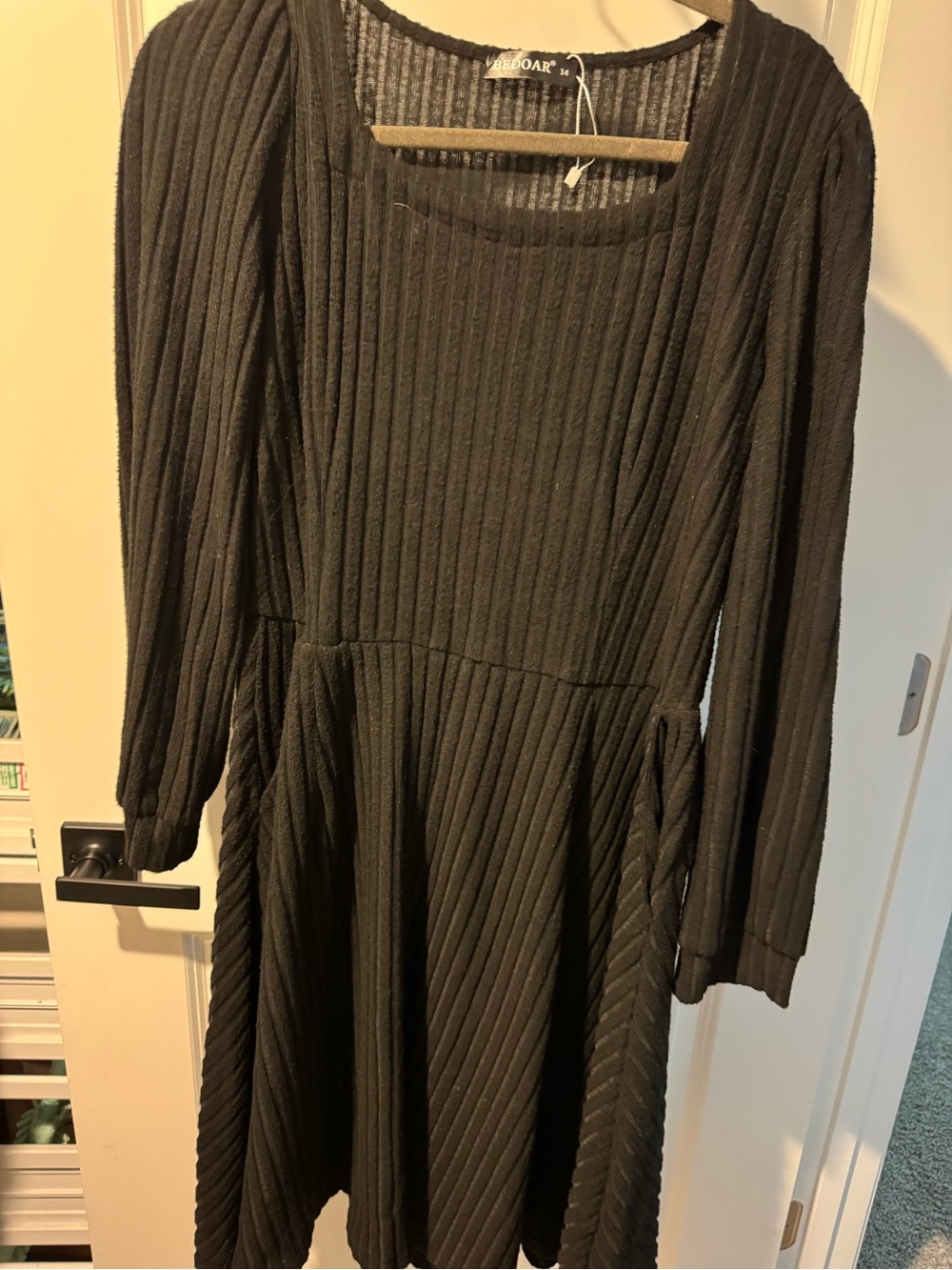 Black Ribbed Long-Sleeve Knit Dress Size 14 Super Soft